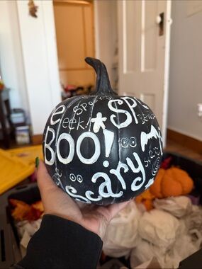 Hand-Painted Black Halloween Pumpkin Decor - White Lettering